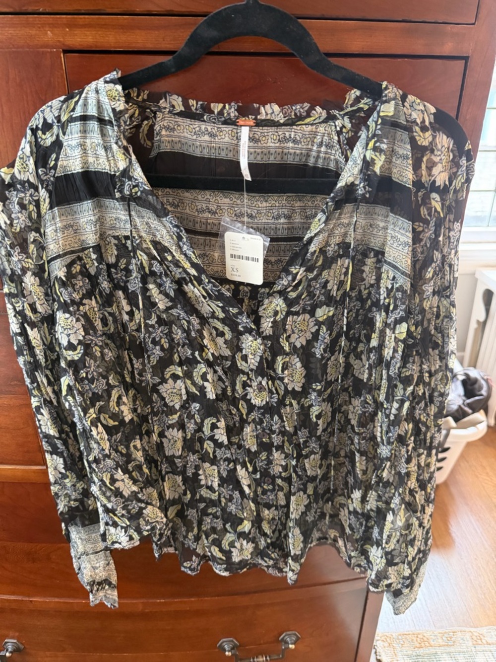 NWT Free People Black Floral Boho Blouse with Cream and Pale Yellow Accents XS